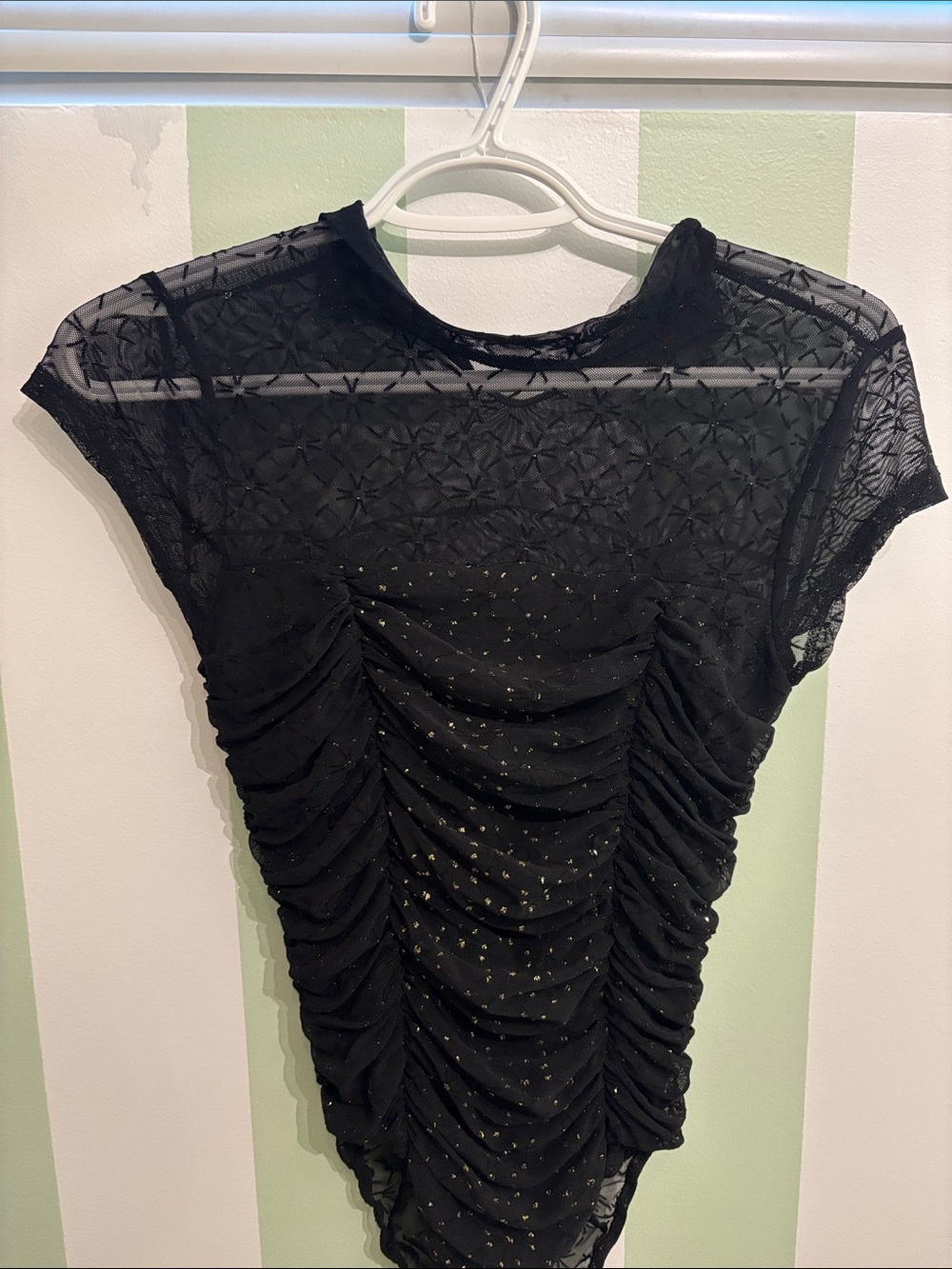 Sheer Black Ruched Mesh Top with Metallic Dots